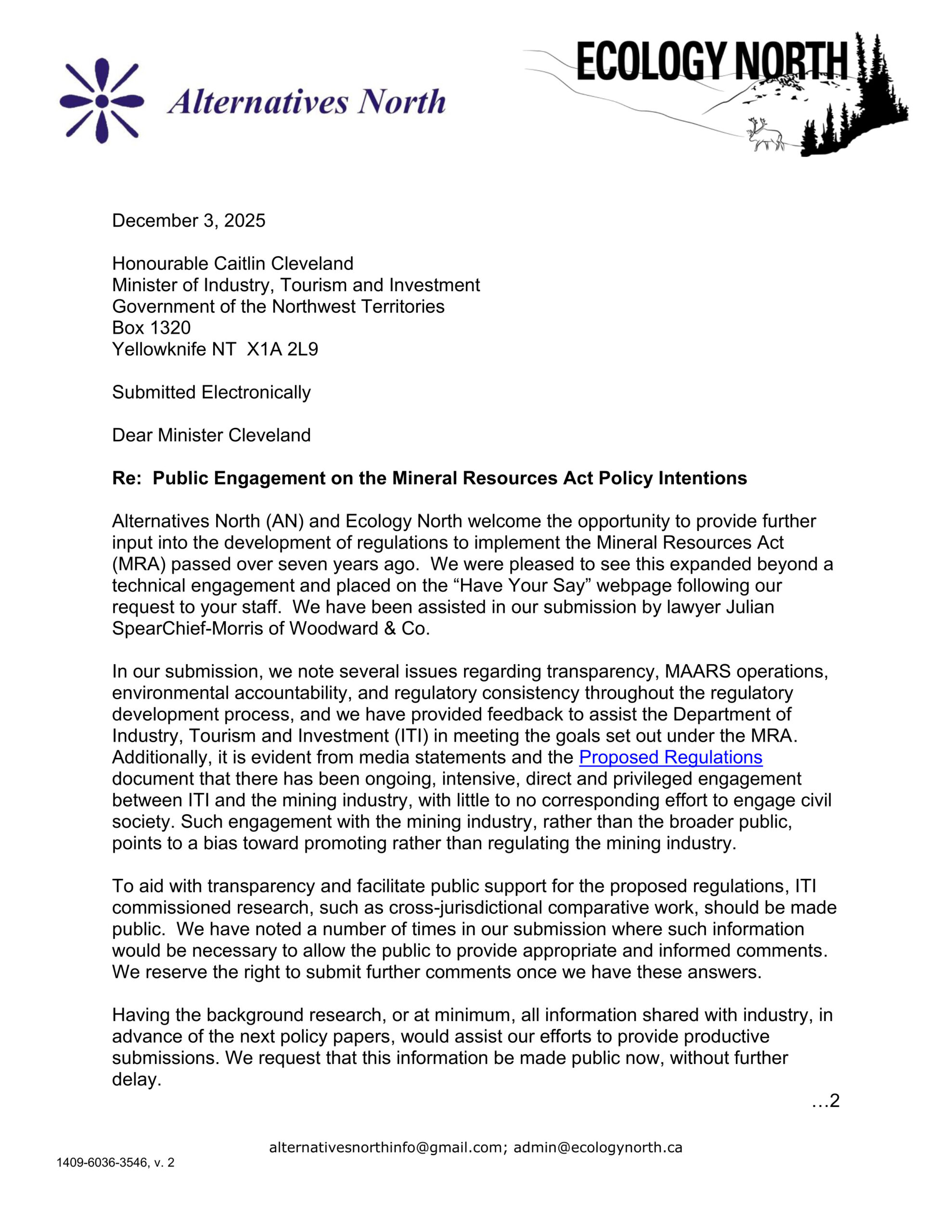 Alternatives North-Ecology North MRA Regulations Policy Intentions Engagement 1 Submission December 3, 2025