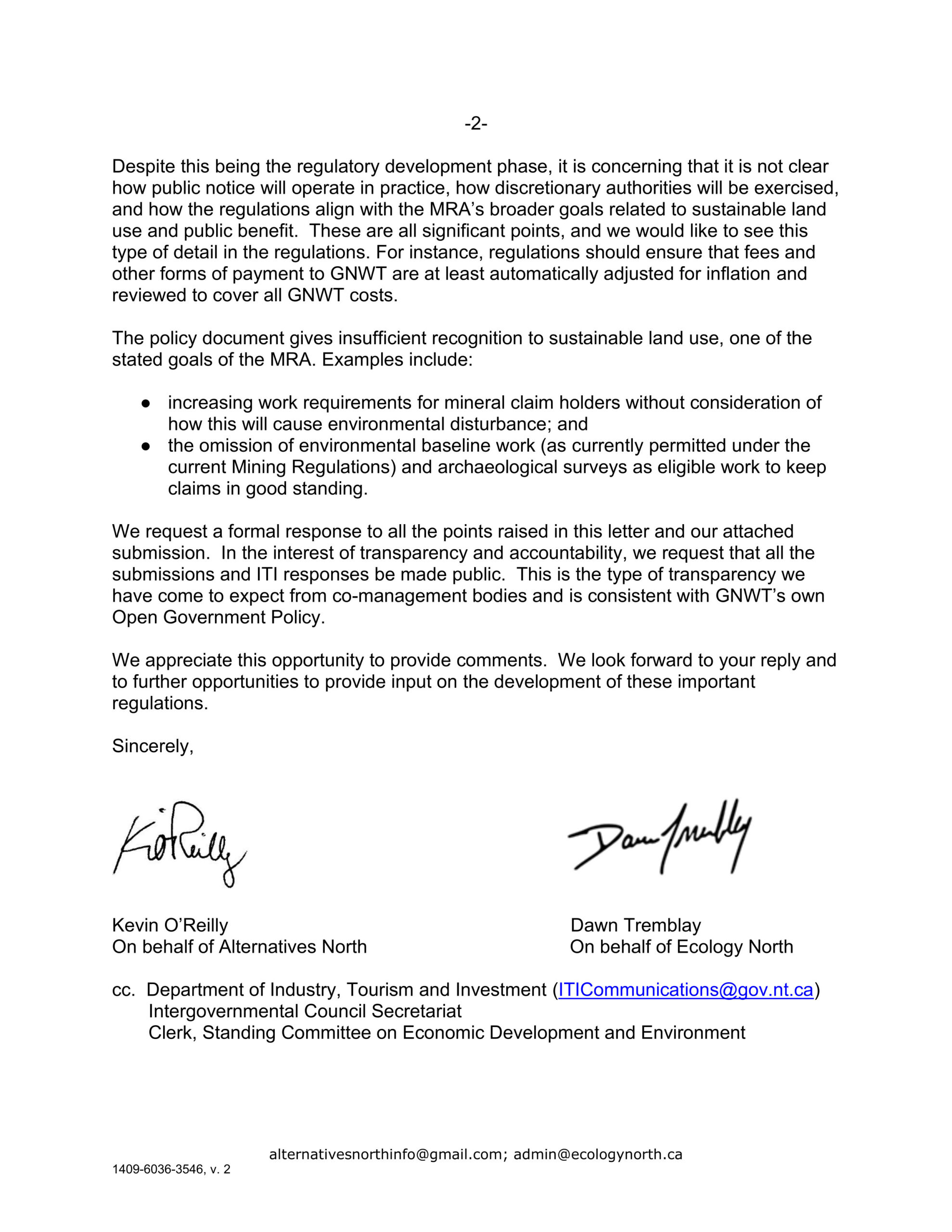 Alternatives North-Ecology North MRA Regulations Policy Intentions Engagement 1 Submission December 3 Page2 2025